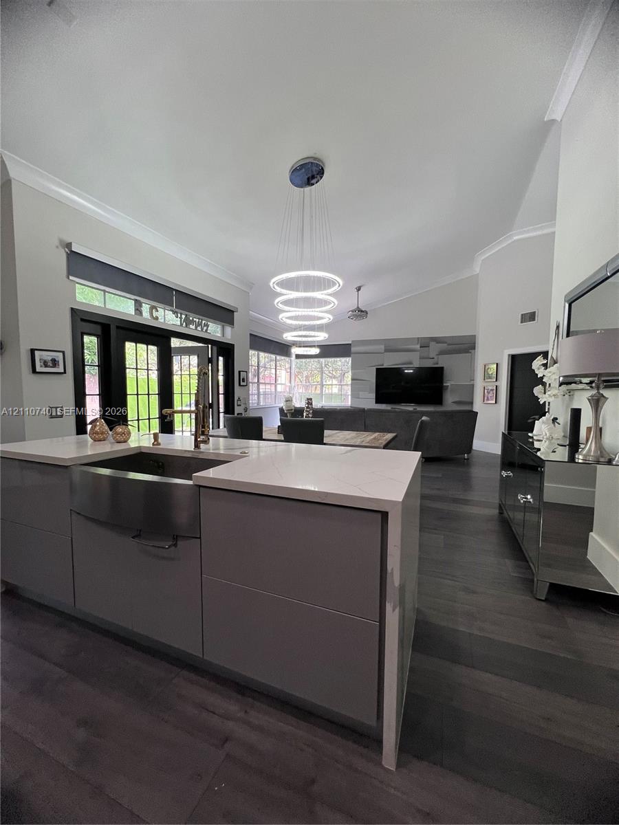 Kitchen island with stone-finish countertop, stainless steel farmhouse sink, multi-tiered ring pendant light, and dark-finish wood-finish flooring