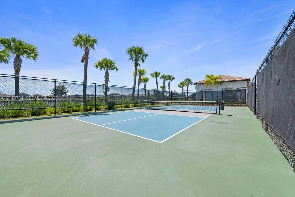Recreational sports court featuring a multi-toned surface, perimeter chain-link fencing, and palm tree landscaping