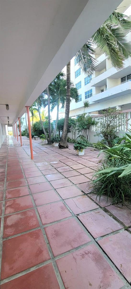Covered exterior walkway featuring terra cotta tile flooring, structural support columns, and mature palm landscaping Covered exterior walkway featuring terra cotta tile flooring, structural support columns, and mature palm landscaping