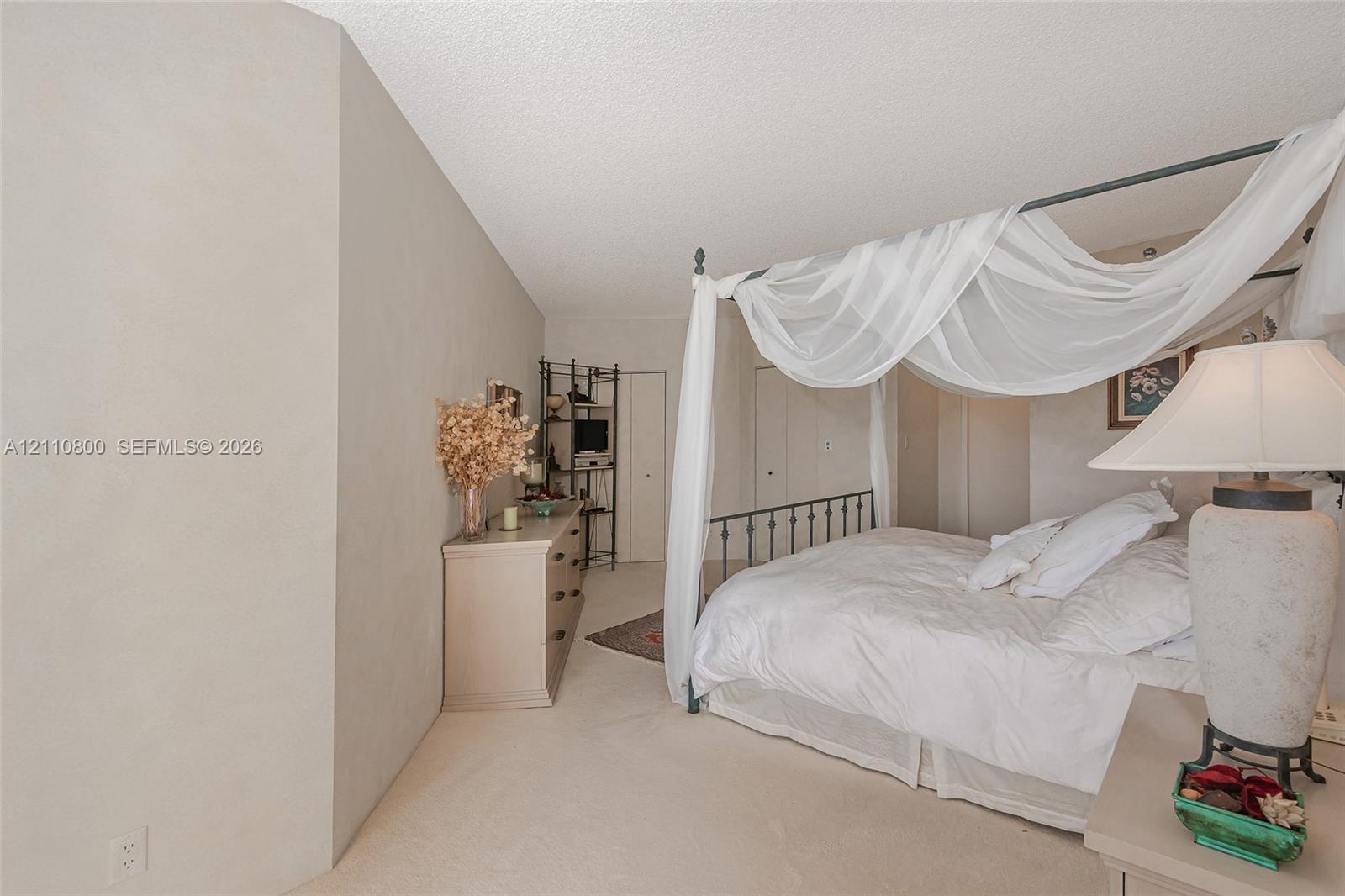 Neutral interior space featuring textured wall finishes, carpeted flooring, and a dual-panel closet door