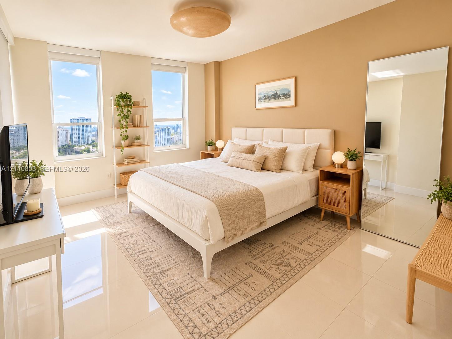 Neutral-toned interior featuring polished tile flooring, two large windows with skyscraper cityscape exterior, and a central domed flush-mount light fixture
