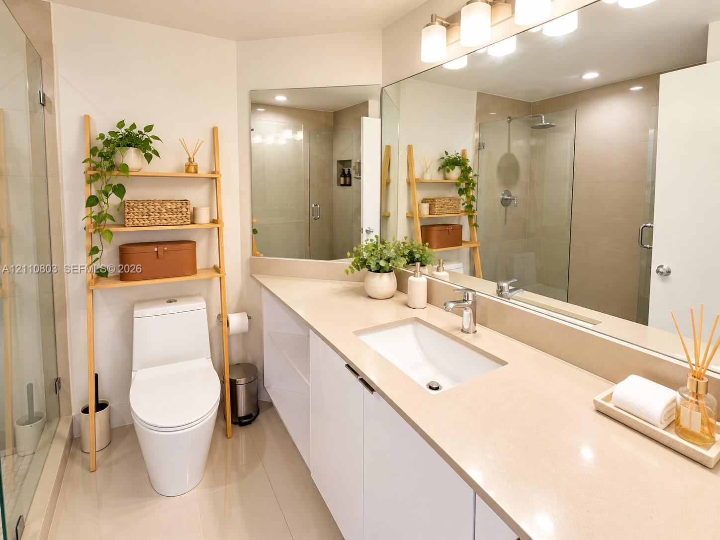 Bathroom vanity with a neutral solid-surface countertop and integrated sink, complemented by a large wall-mounted mirror, three-light fixture, glass-enclosed shower, and tile flooring