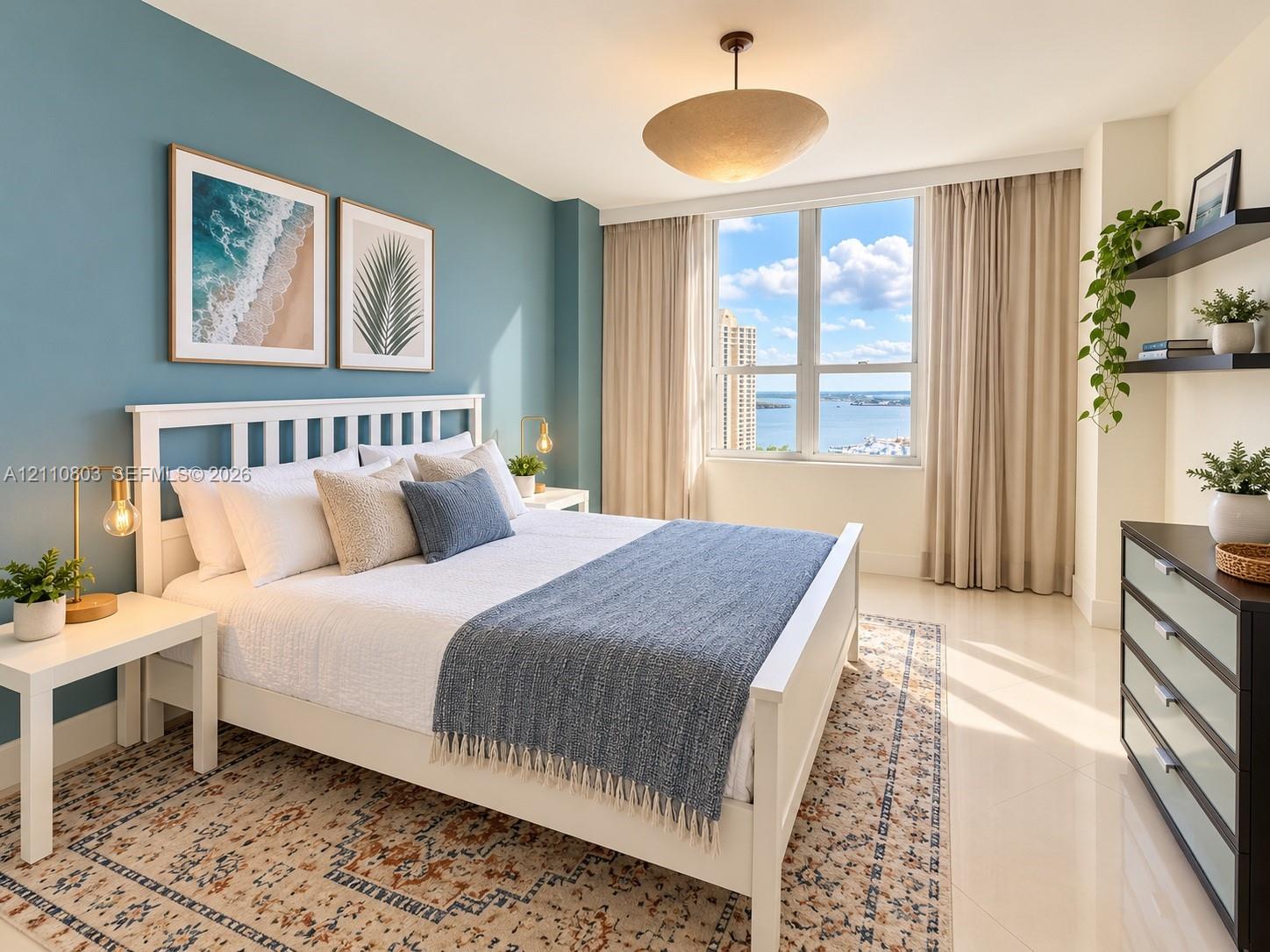 Large floor-to-ceiling windows, polished stone flooring, integrated wall shelving, and a modern pendant light fixture
