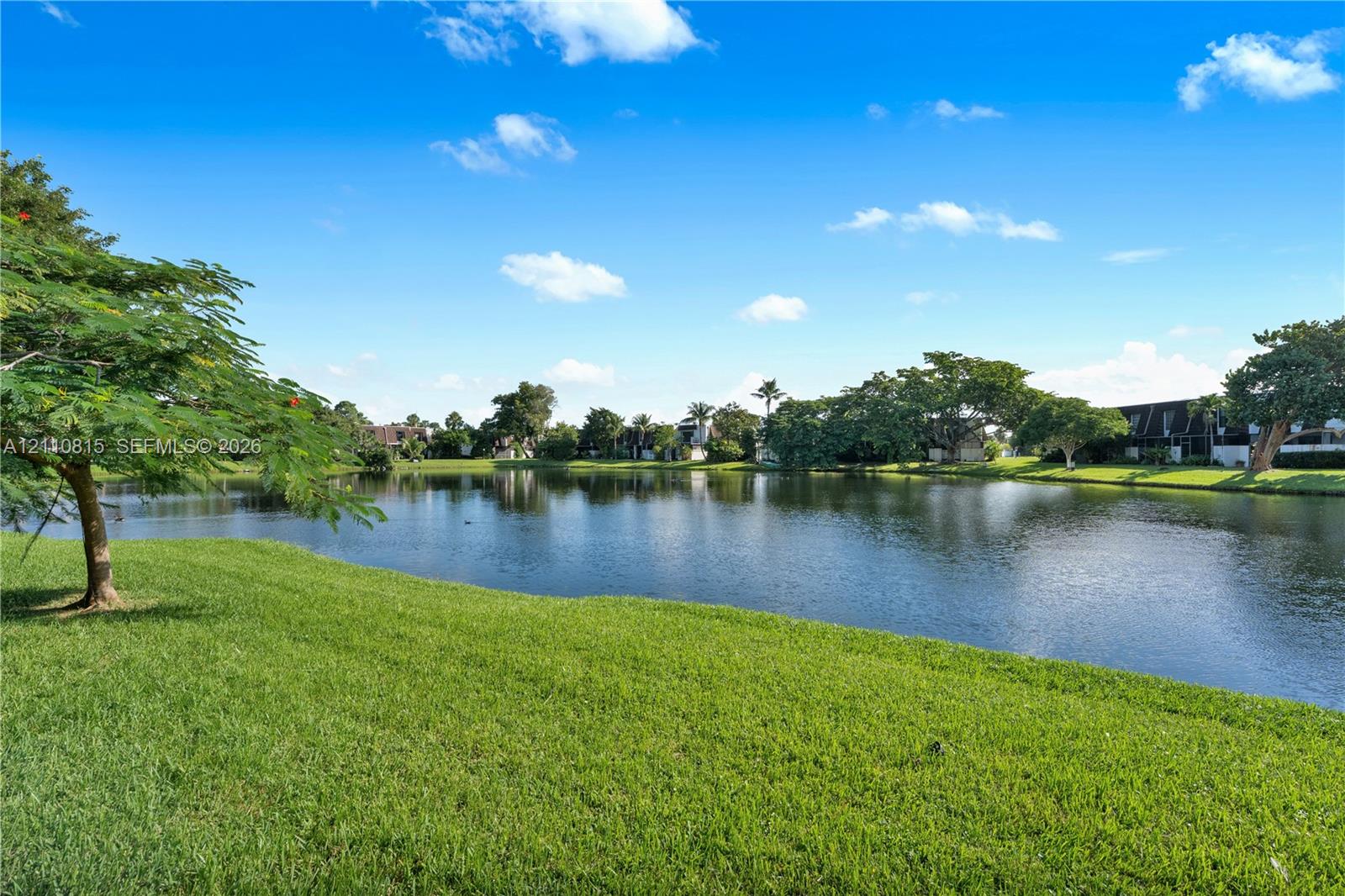Waterfront setting featuring a grass lawn, mature trees, and landscaping