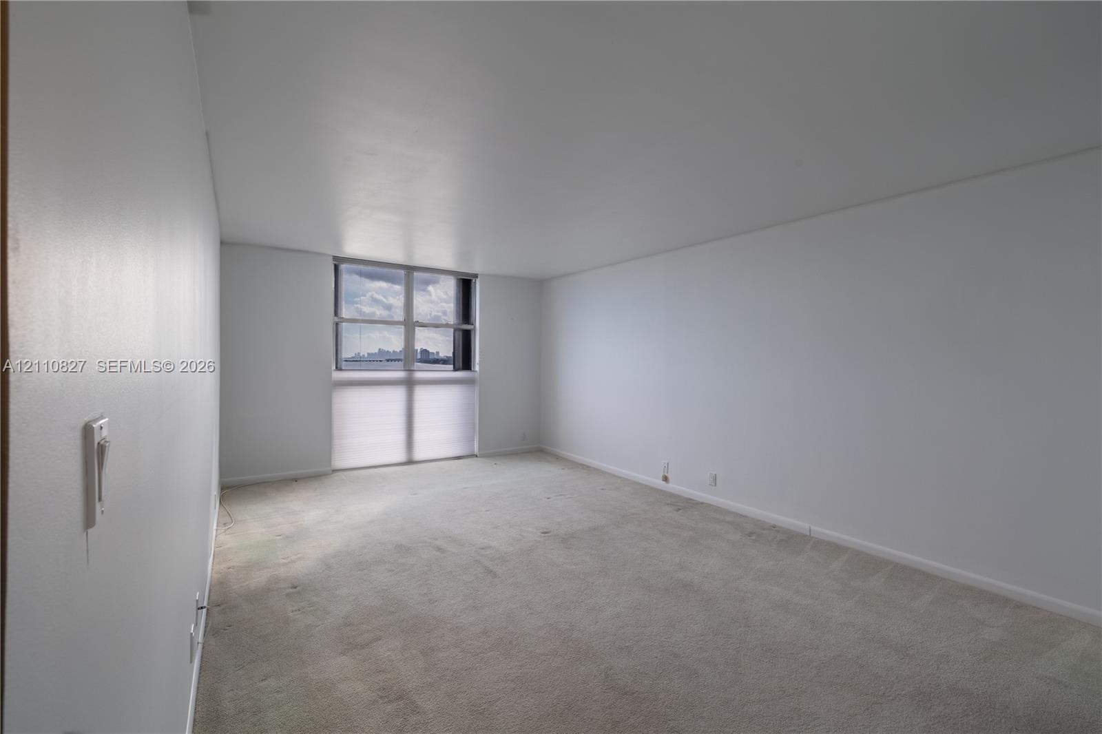 Neutral-toned interior space featuring light-colored wall-to-wall carpeting, expansive wall space, and a floor-to-ceiling window configuration