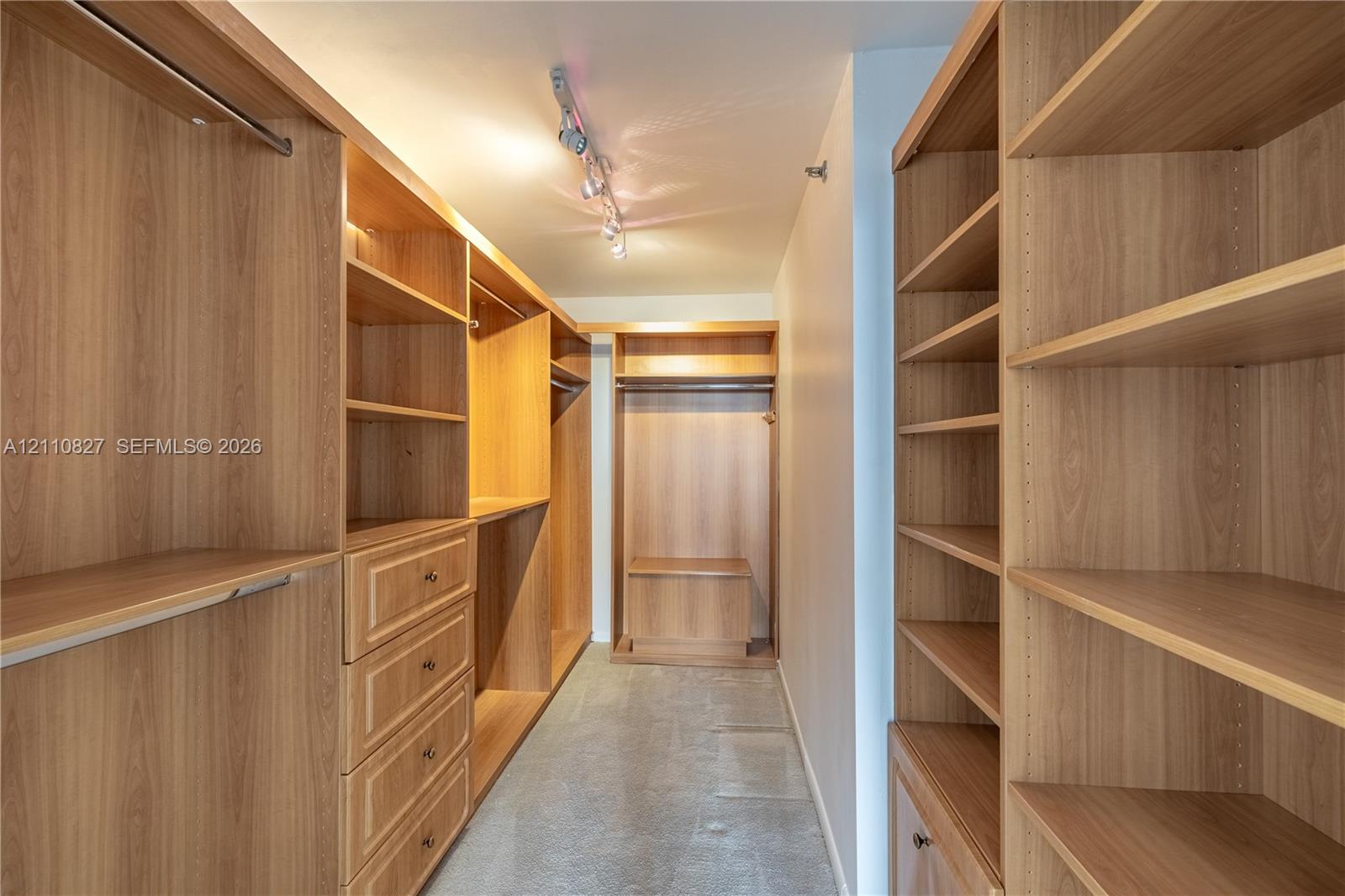 Walk-in closet featuring extensive custom wood-finish shelving, integrated wardrobe hanging rods, a built-in drawer stack, a dedicated storage bench, and track lighting
