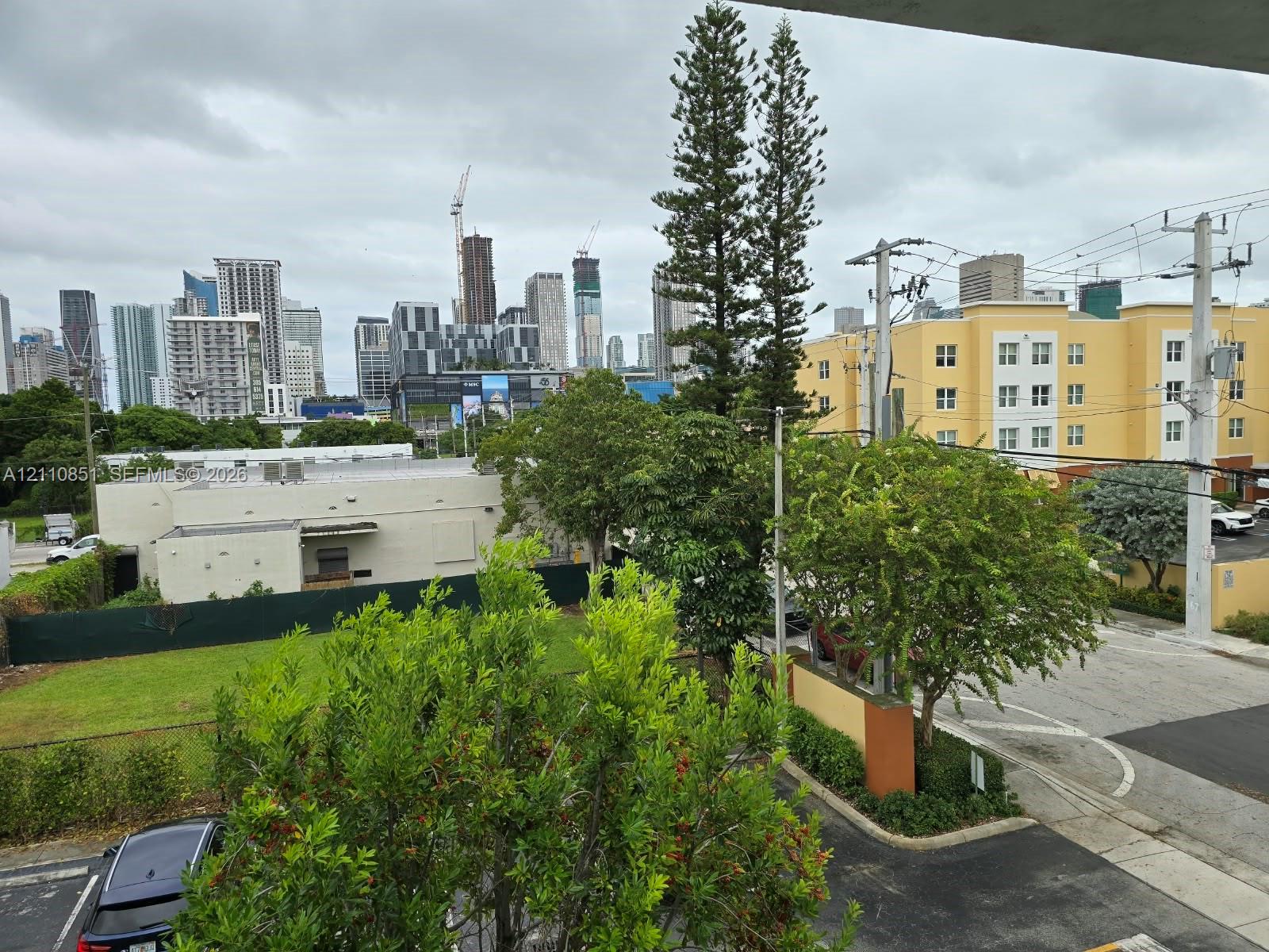 Urban skyline backdrop featuring mature trees and established landscaping