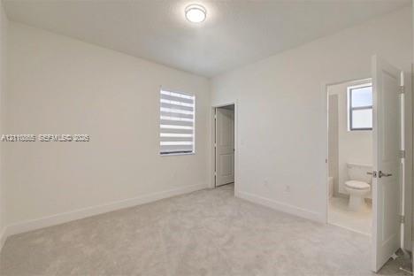 Neutral-toned wall-to-wall carpeting, dual-tone roller shade, flush-mount ceiling lighting, and solid-core interior doors