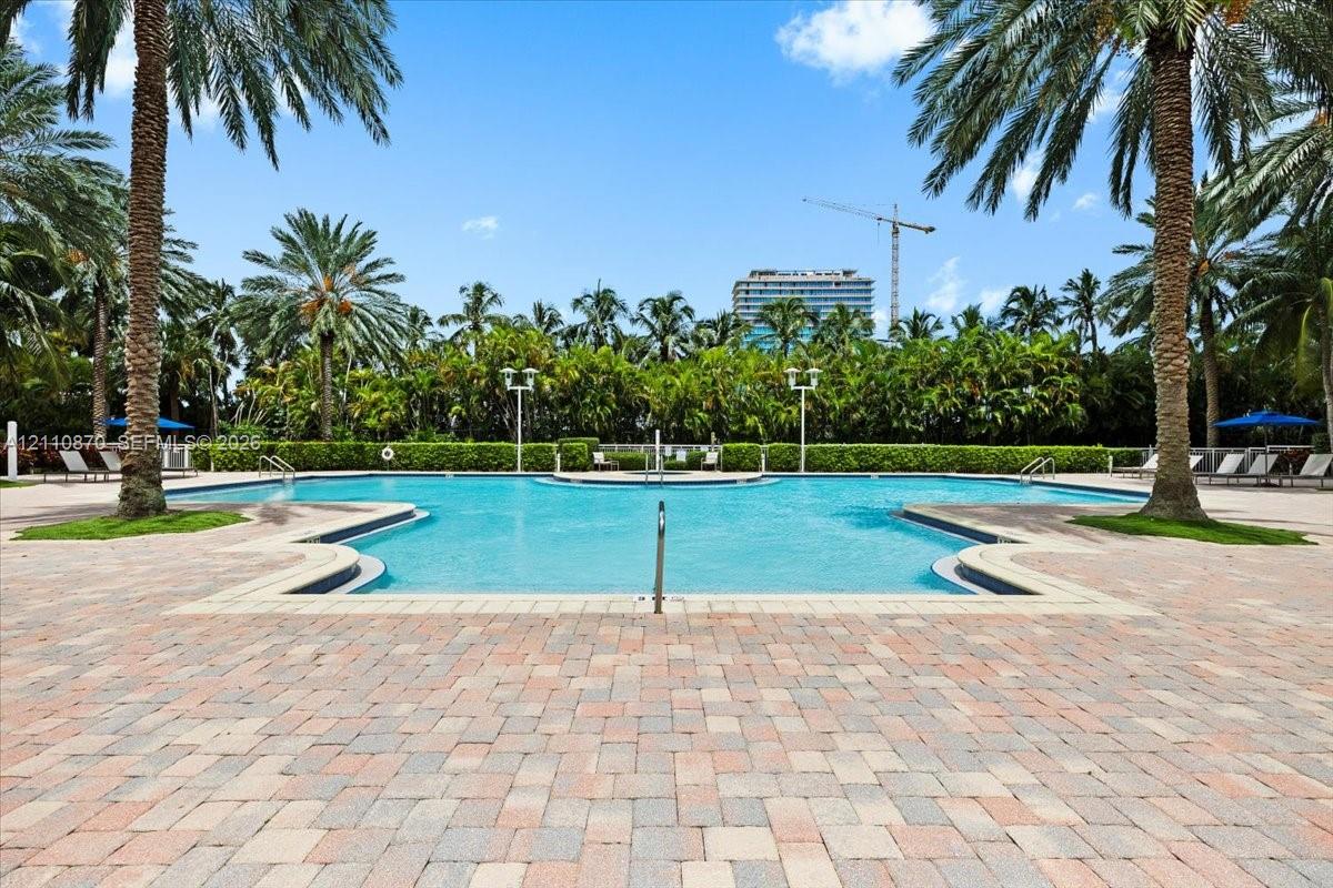 Custom-shaped swimming pool with a stone paver deck, perimeter landscaping, and mature palm trees