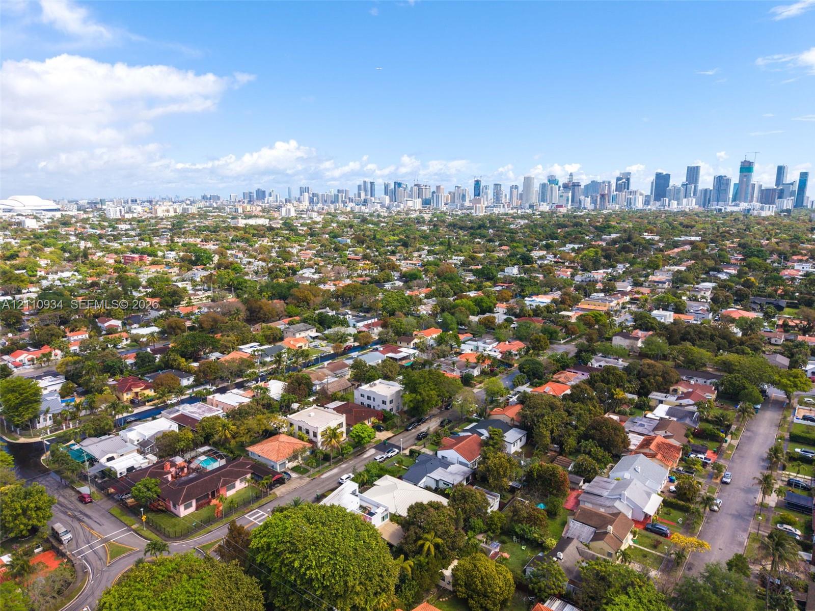 Aerial perspective of a suburban neighborhood featuring mature trees, grid-patterned streets, and a prominent city skyline backdrop