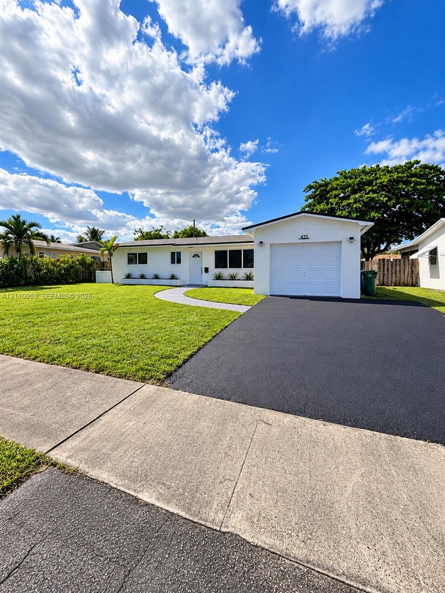 Single-story exterior featuring a white facade, attached one-car garage, asphalt driveway, curved concrete walkway, and manicured lawn Single-story exterior featuring a white facade, attached one-car garage, asphalt driveway, curved concrete walkway, and manicured lawn