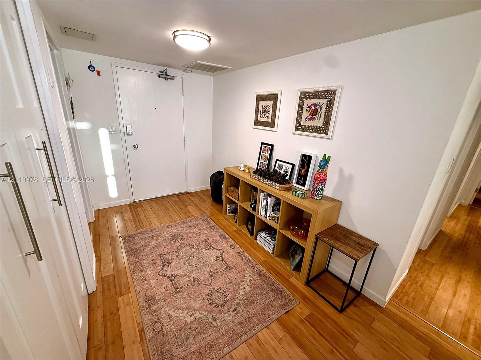 Entry area featuring wood-finish flooring, white walls, flush-mount ceiling lighting, and a double-door closet with vertical metal hardware