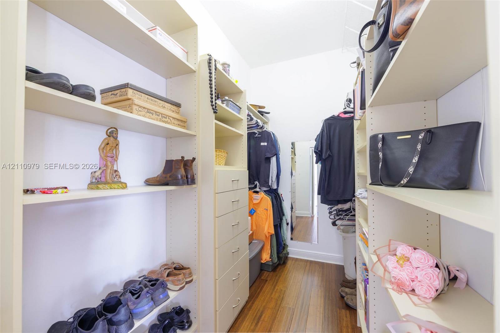 Walk-in closet featuring floor-to-ceiling built-in shelving, integrated chest of drawers, and wood-finish flooring