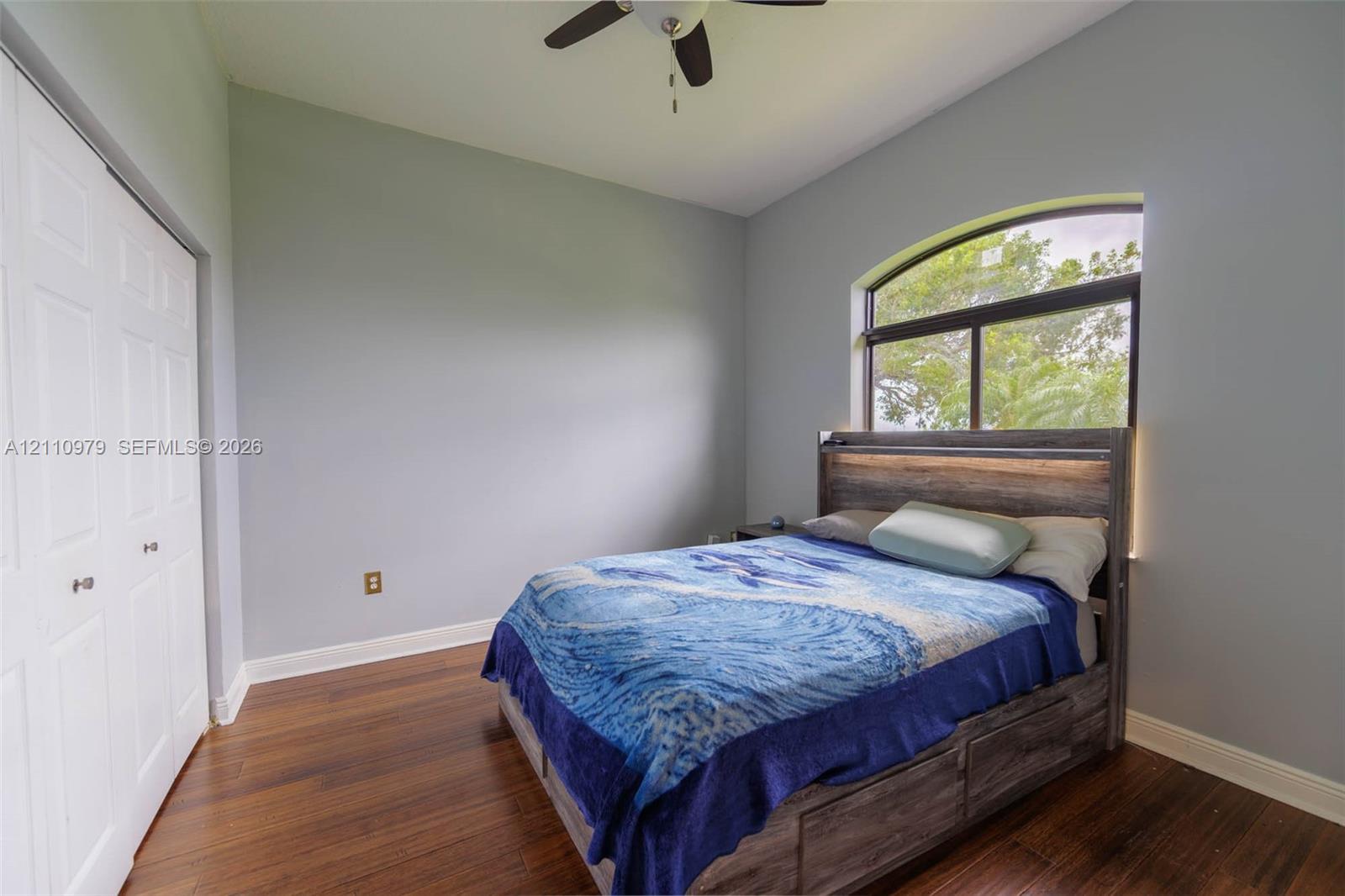 Wood-finish flooring, arched window, and ceiling fan fixture