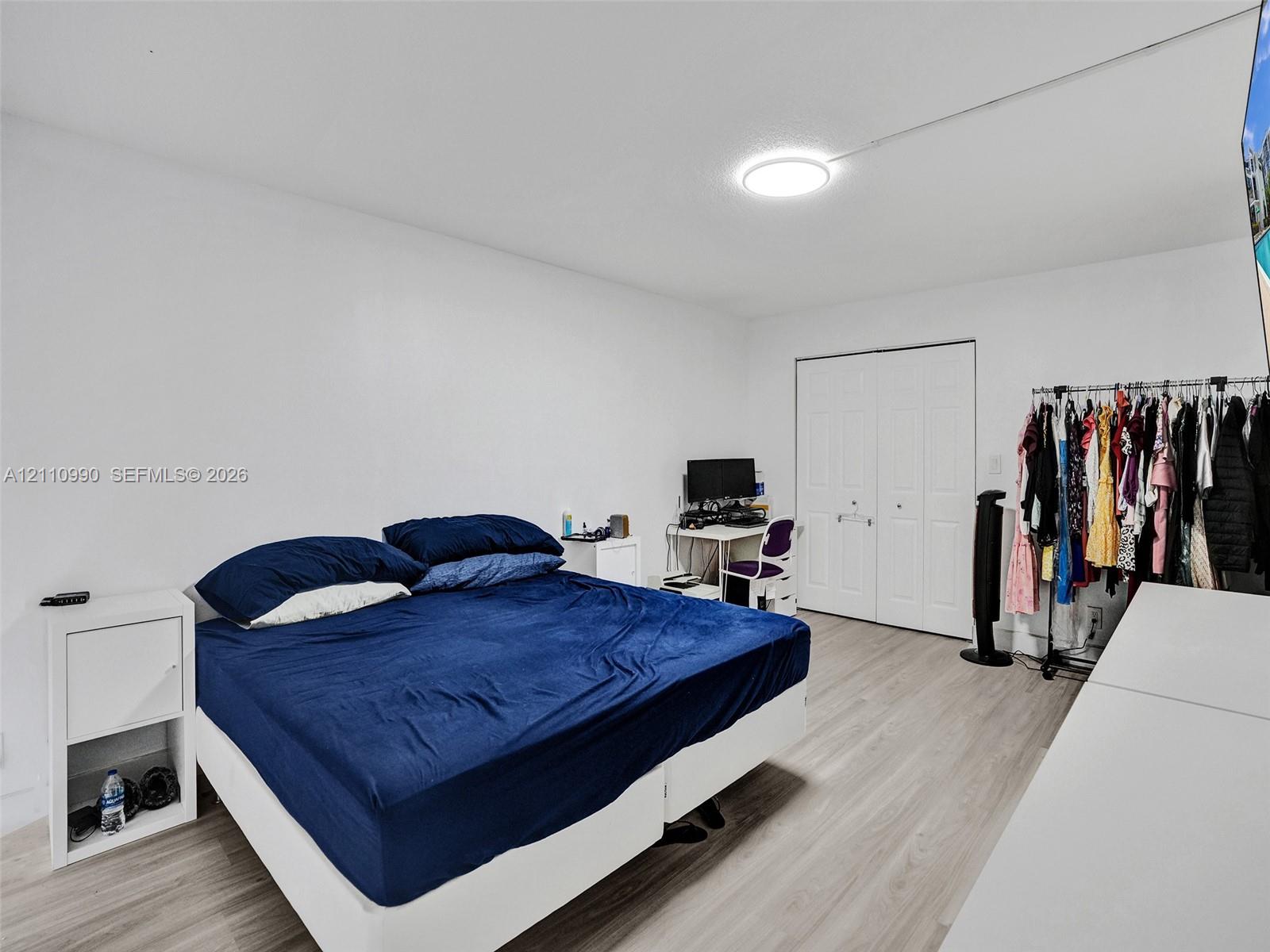 Wood-finish flooring, white walls, and a dual-panel closet door