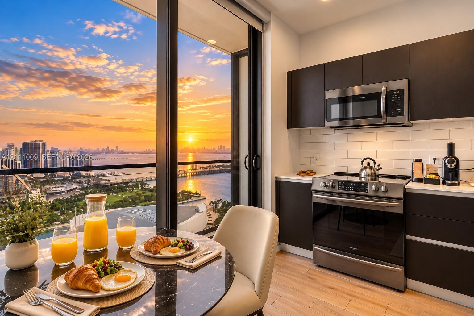 Floor-to-ceiling windows with urban and water scenery, flat-panel dark cabinetry, stainless steel appliances, subway tile backsplash, and wood-finish flooring