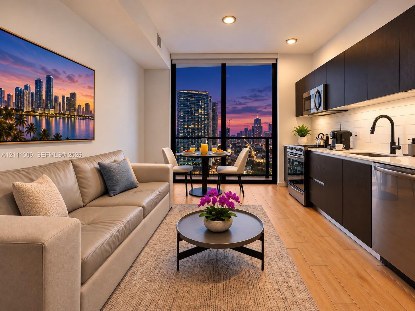 Kitchen featuring dark flat-panel cabinetry, white subway tile backsplash, stainless steel appliances, and wood-finish flooring, complemented by floor-to-ceiling windows