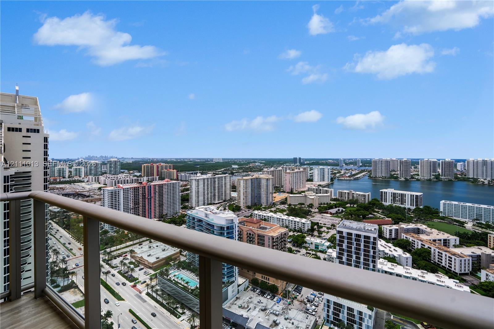 Private balcony featuring a metal railing, wood-finish flooring, and expansive urban and water scenery