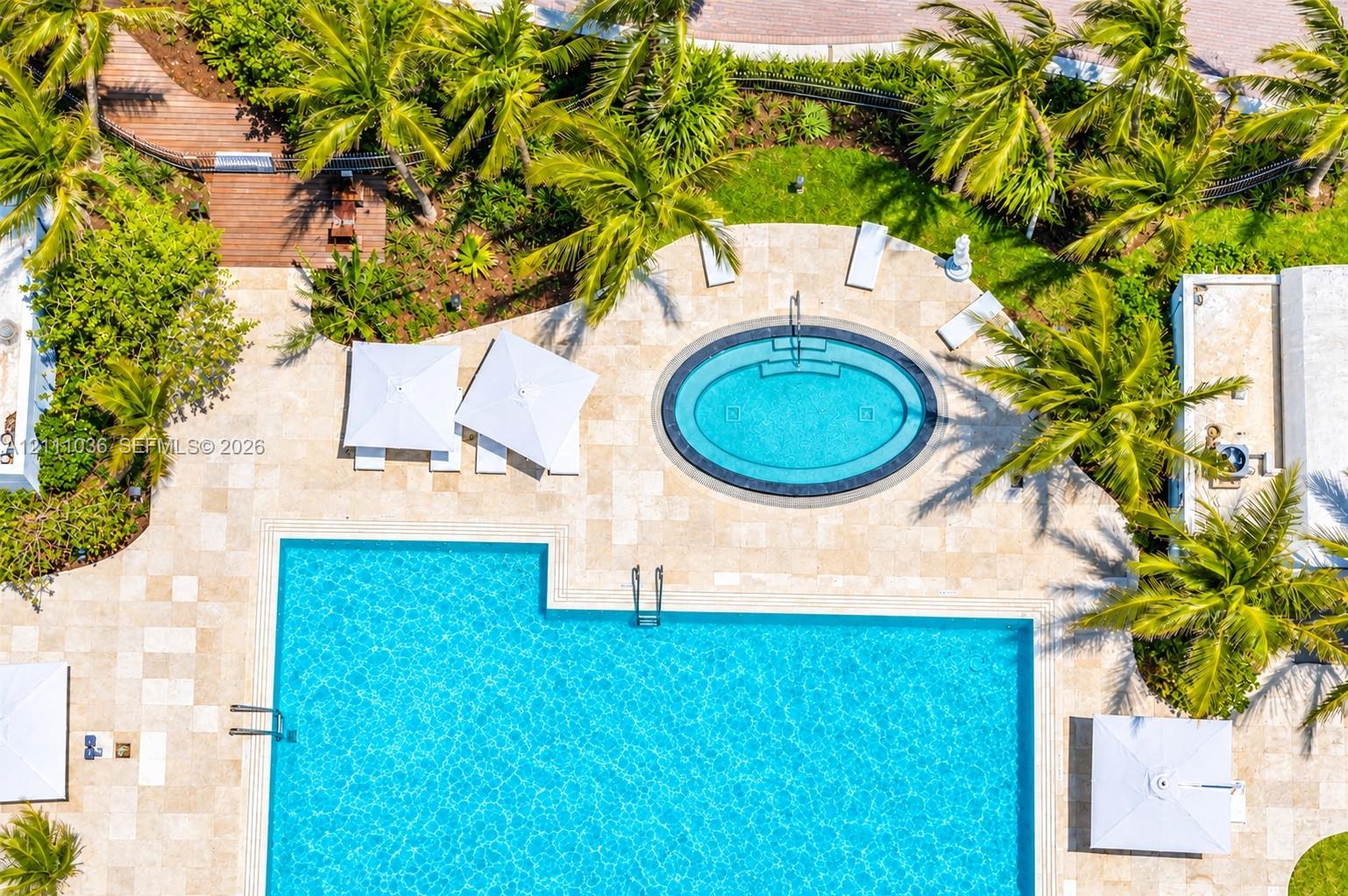 Aerial perspective of an outdoor space featuring a rectangular swimming pool, an oval-shaped spa, stone-paver decking, and mature palm trees