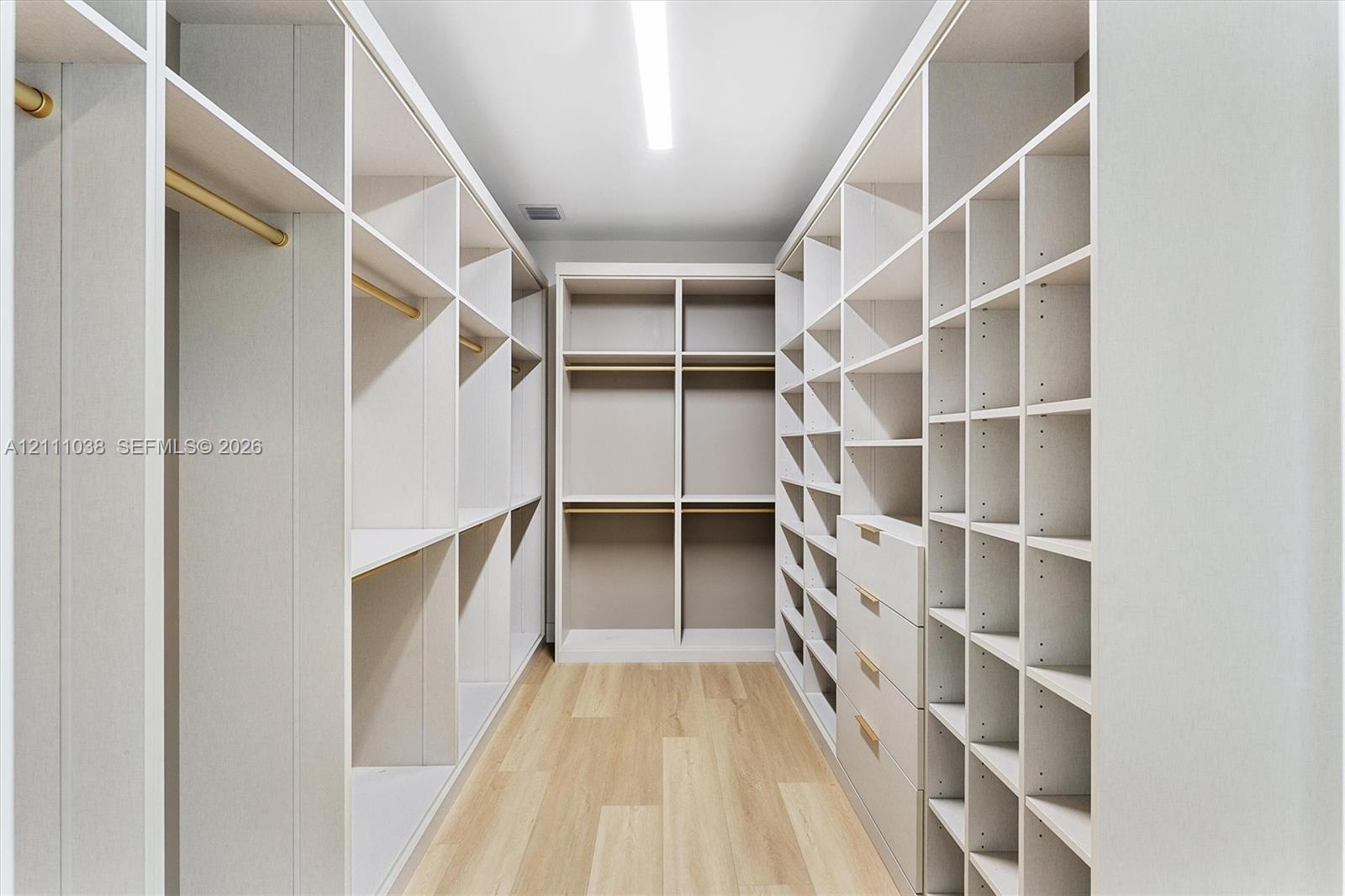 Walk-in closet featuring extensive built-in shelving, integrated dresser drawers, brass-tone hanging rods, and wood-finish flooring