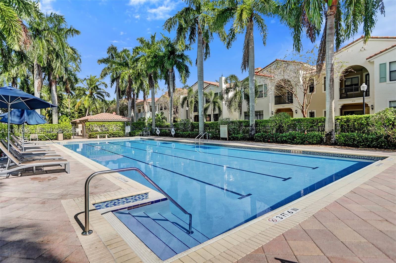 Community lap pool featuring a tiled deck, built-in entry steps with metal handrails, and surrounding mature palm trees