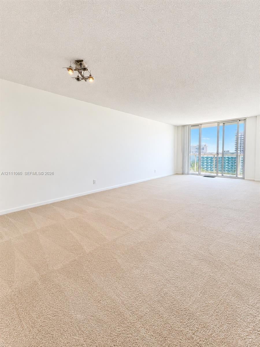 Open interior space featuring floor-to-ceiling glass sliding doors, wall-to-wall carpeting, and a multi-directional flush-mount light fixture