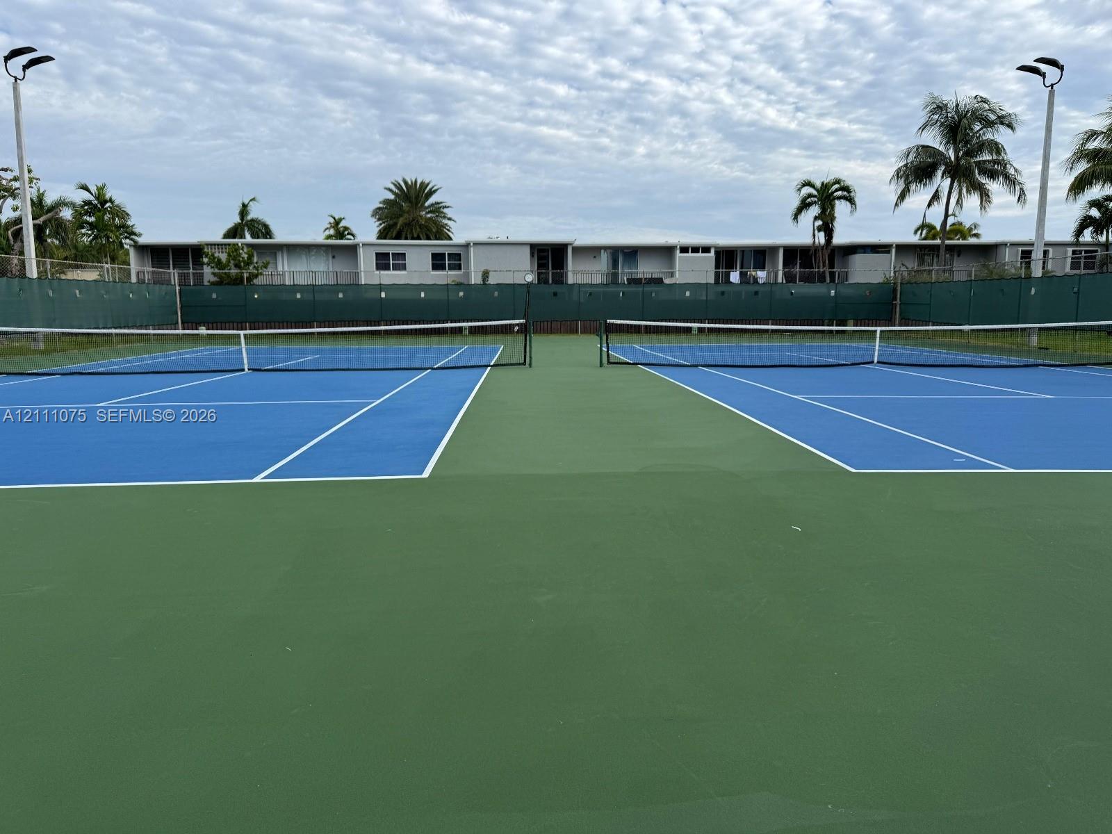 Dual tennis courts featuring high-contrast surfacing, perimeter fencing, and pole-mounted court lighting