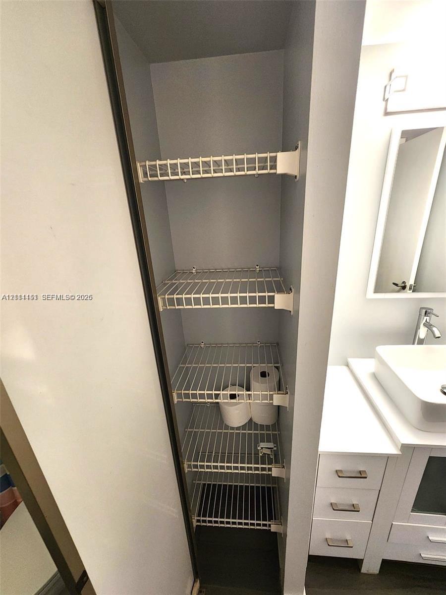 Built-in floor-to-ceiling storage closet with white coated-wire shelving, vanity featuring a rectangular vessel sink, white cabinetry with brushed metal hardware, and wall-mounted mirror