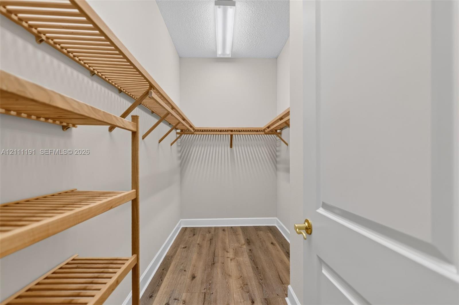 Primary Walk-in Closet. Storage space featuring wood-finish shelving and wood-finish flooring, complemented by a flush-mount overhead light fixture and a panel door with brass-finish hardware