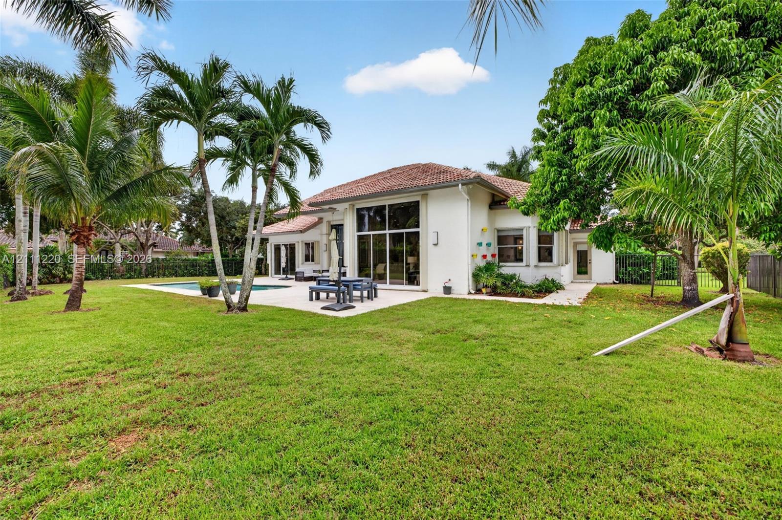 Expansive backyard featuring a concrete patio, swimming pool, mature palm trees, and floor-to-ceiling glass windows