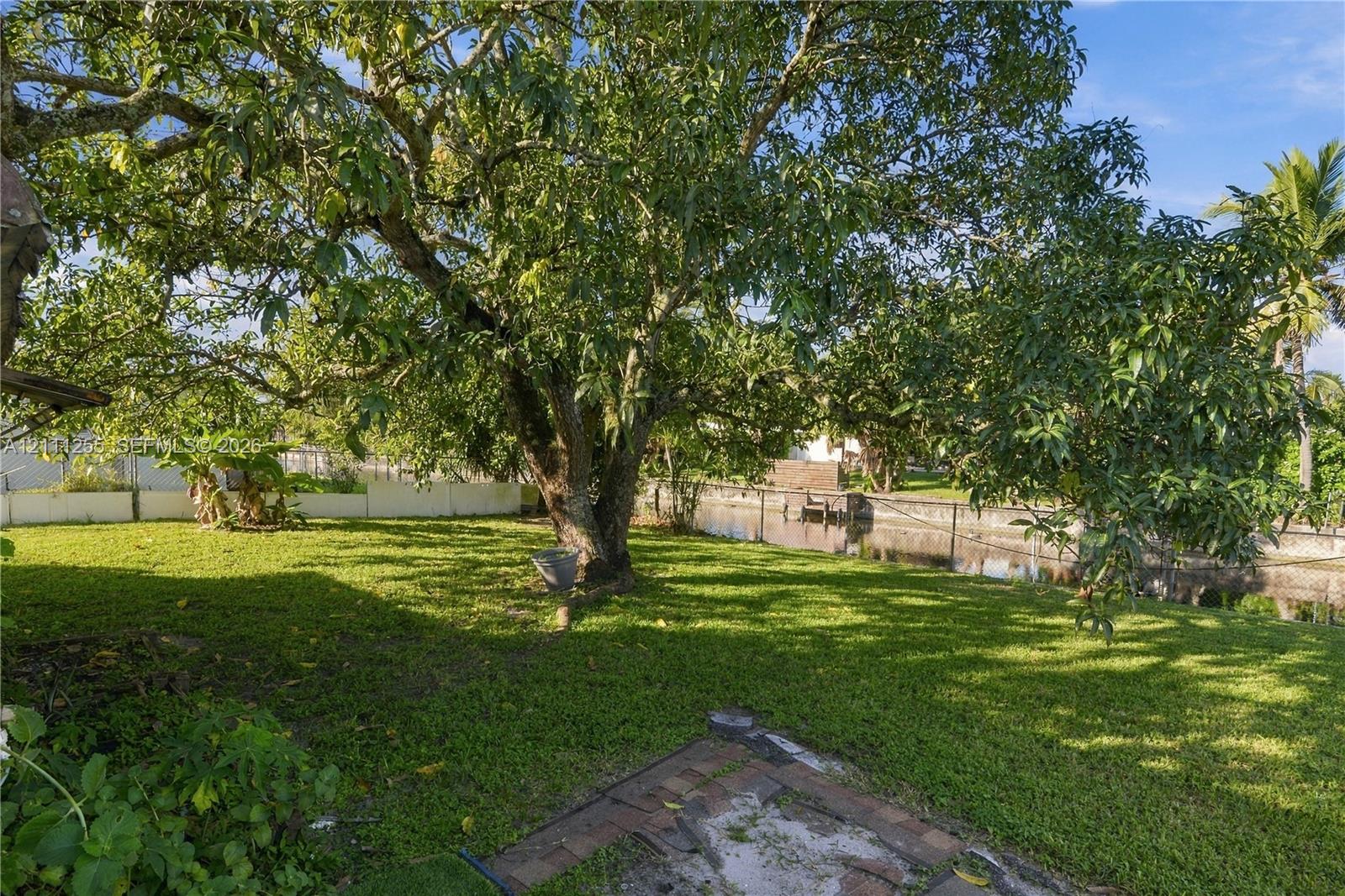 Expansive backyard featuring mature tree canopy, waterfront canal frontage, brick paver patio, and chain-link perimeter fencing