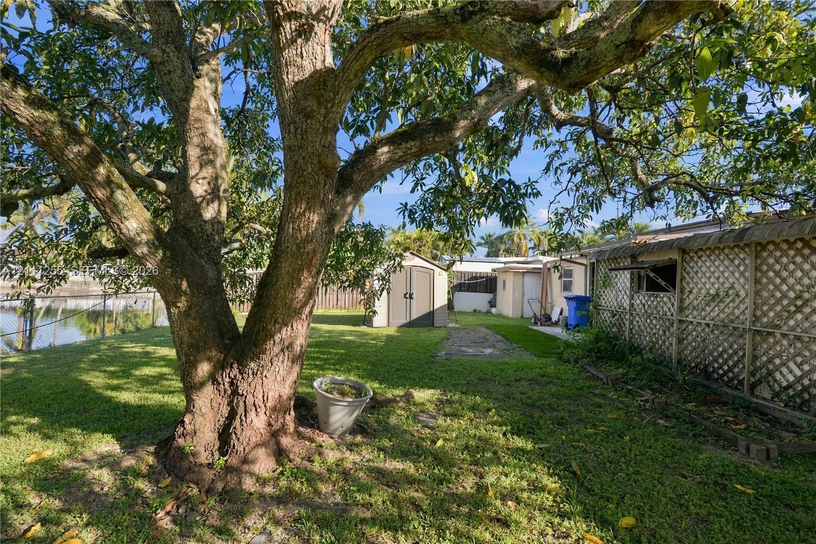 Rear yard featuring mature trees, grass lawn, perimeter metal fencing, and a detached storage structure