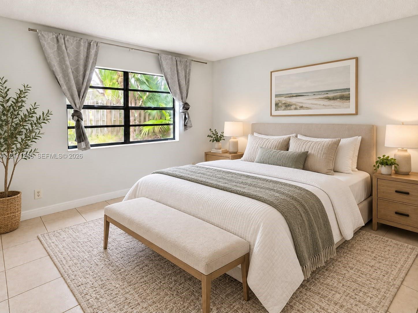 Neutral-toned ceramic tile flooring, horizontal grid-pane window, and textured walls Neutral-toned ceramic tile flooring, horizontal grid-pane window, and textured walls