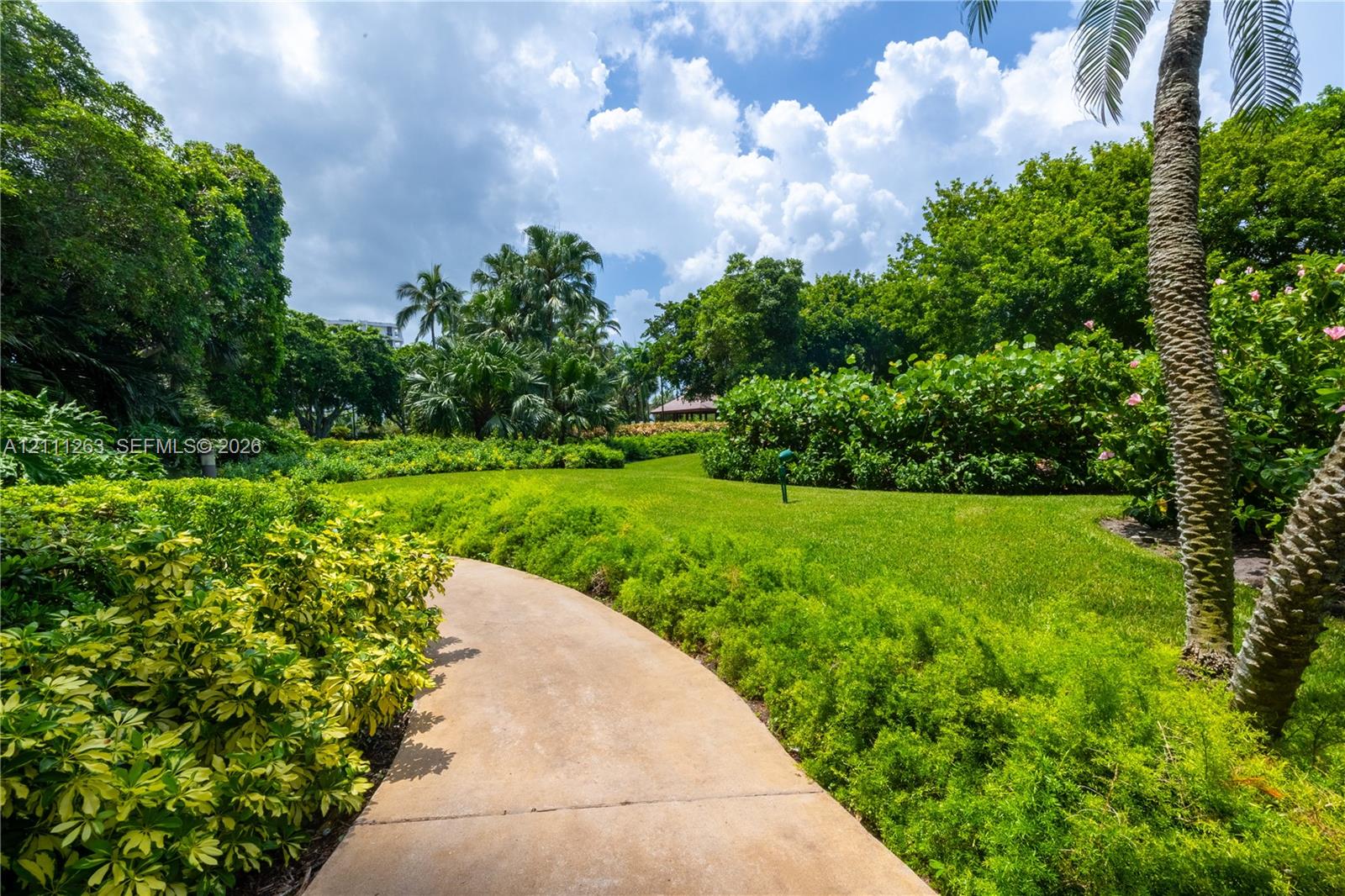 Manicured lawn, paved walkway, mature palms, and extensive landscaping