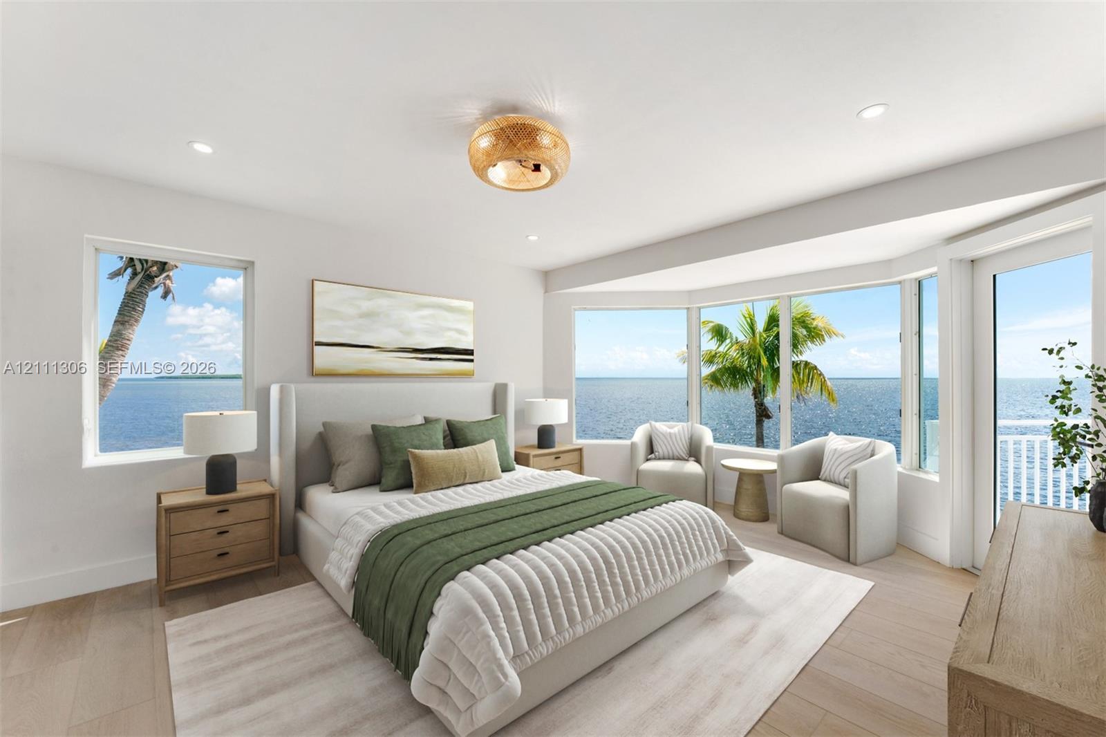 Bedroom featuring wood-finish flooring, recessed lighting, a textured semi-flush mount fixture, multi-pane bay windows, and a glass-paneled door