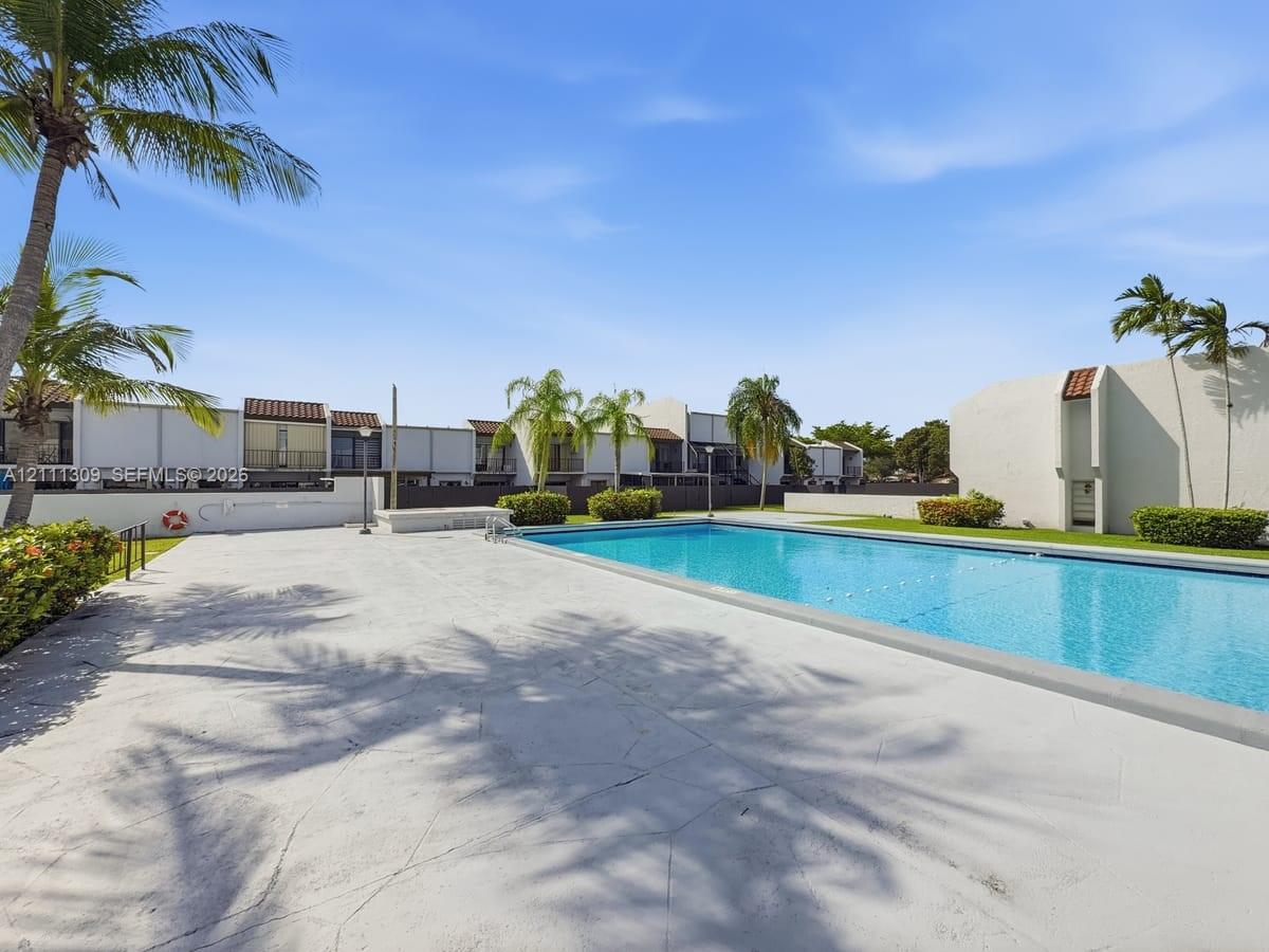 Rectangular swimming pool featuring a concrete deck, perimeter landscaping, and mature palm trees
