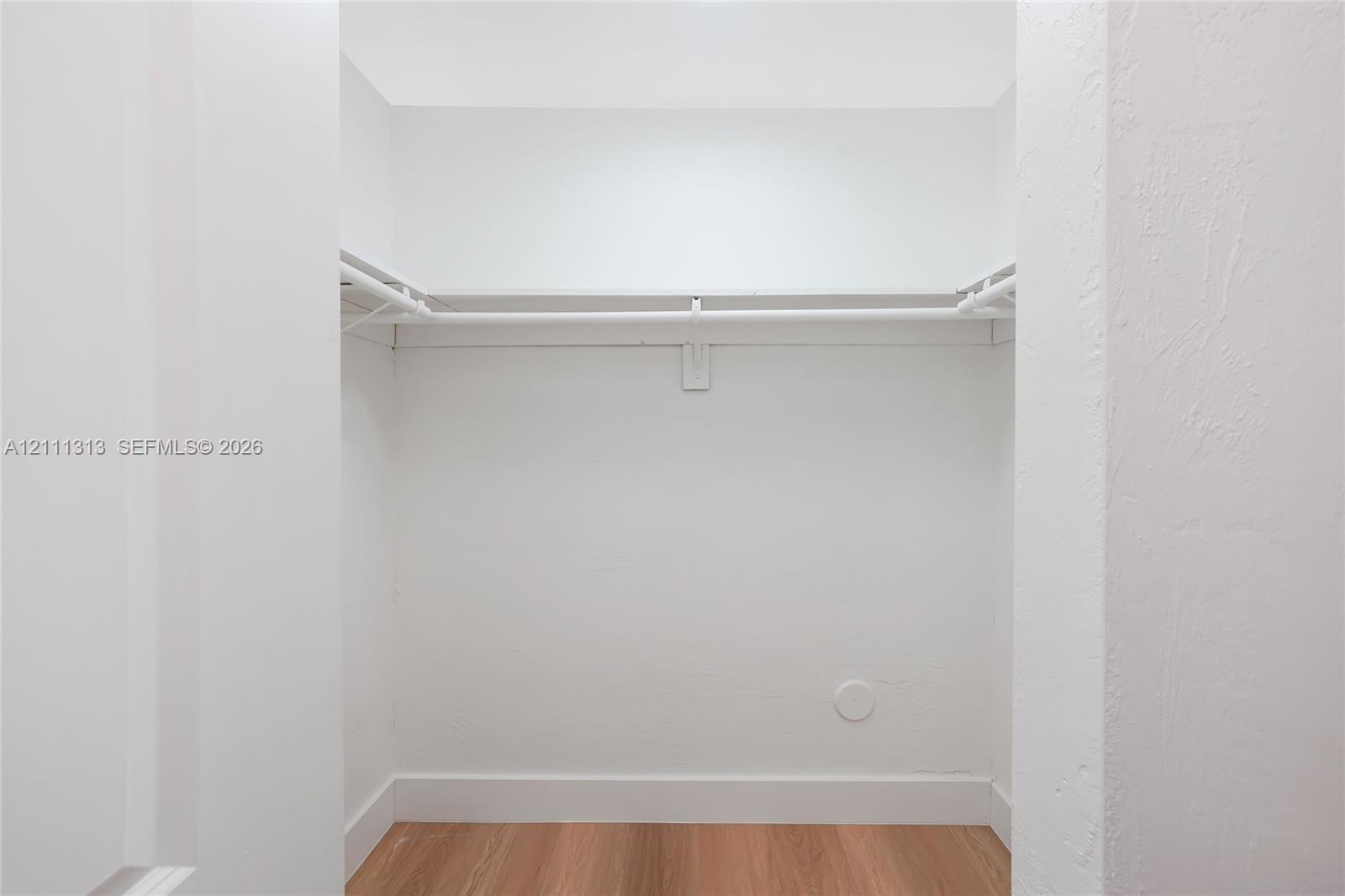 Walk-in storage space featuring wood-finish flooring and built-in shelving with integrated rods