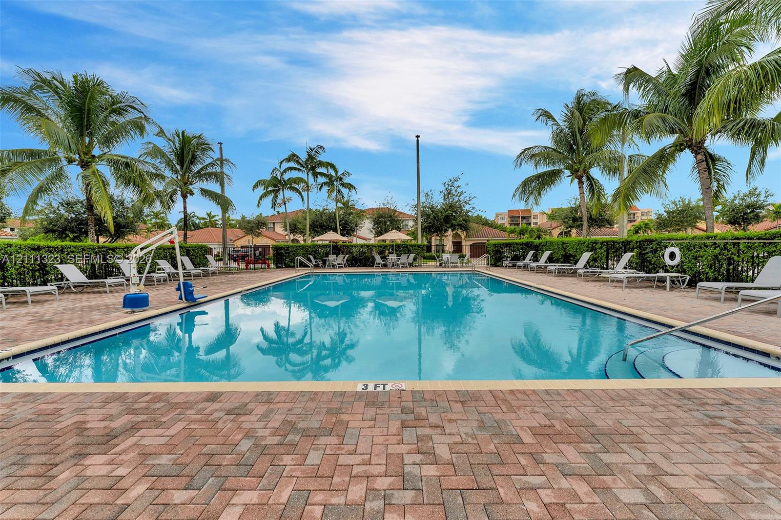 Swimming pool featuring brick-paver decking, perimeter landscaping, and palm trees