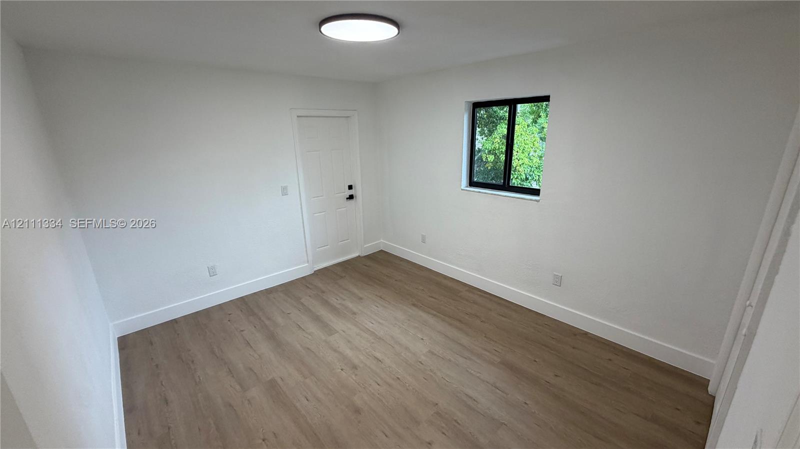 Interior space featuring wood-finish flooring, a flush-mount ceiling light fixture, a single-panel door, and a black-framed window