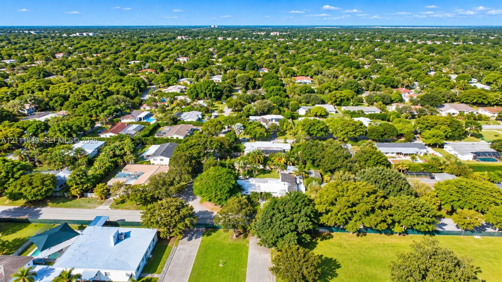 Aerial perspective of a residential area characterized by dense tree canopy, established landscaping, and paved street access