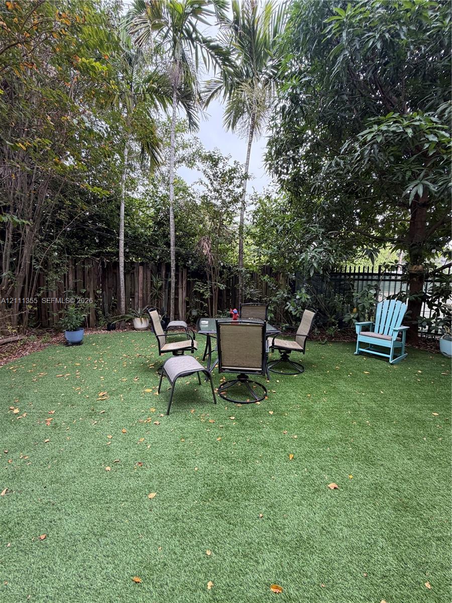 Enclosed backyard featuring synthetic turf, mature palm trees, established foliage, and perimeter fencing