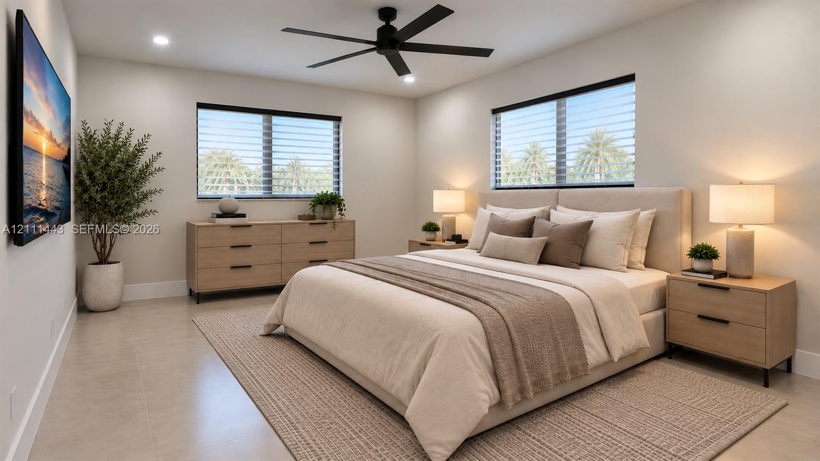 Digitally Staged - Neutral-toned tile flooring, recessed lighting, matte black ceiling fan, and horizontal window blinds
