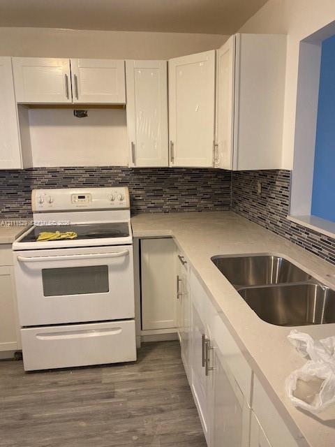 Kitchen featuring white cabinetry, solid-surface countertops, dual-basin stainless steel sink, mosaic tile backsplash, and wood-finish flooring