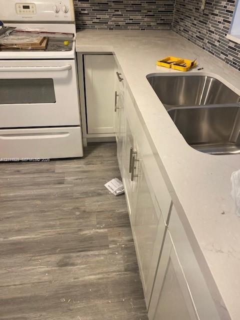 Kitchen featuring white shaker-style cabinetry, solid-surface countertops, dual-basin stainless steel sink, multi-tone linear tile backsplash, and wood-finish flooring