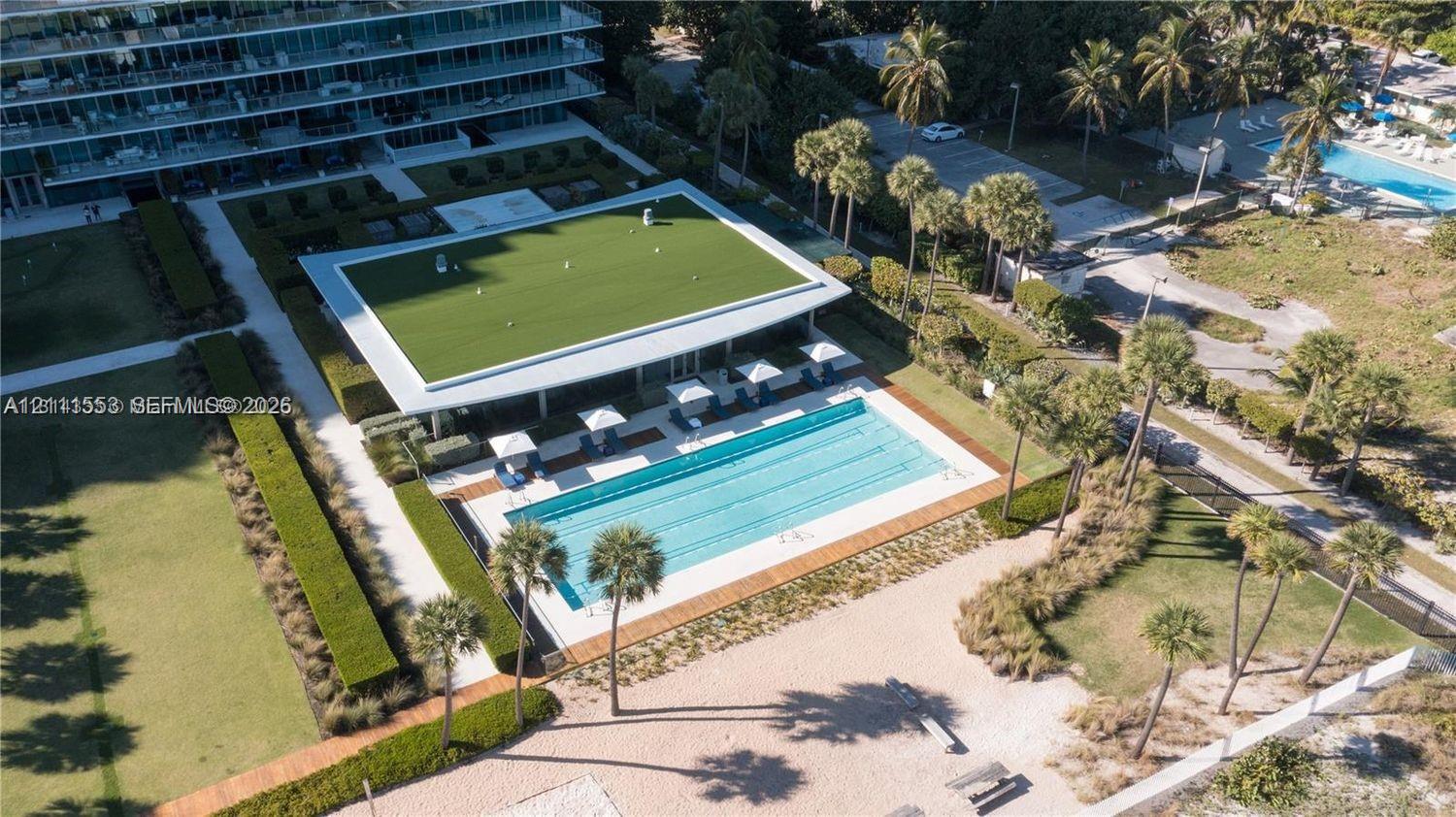 Outdoor pool with paved deck, grass roof structure, manicured perimeter hedging, and mature palm trees
