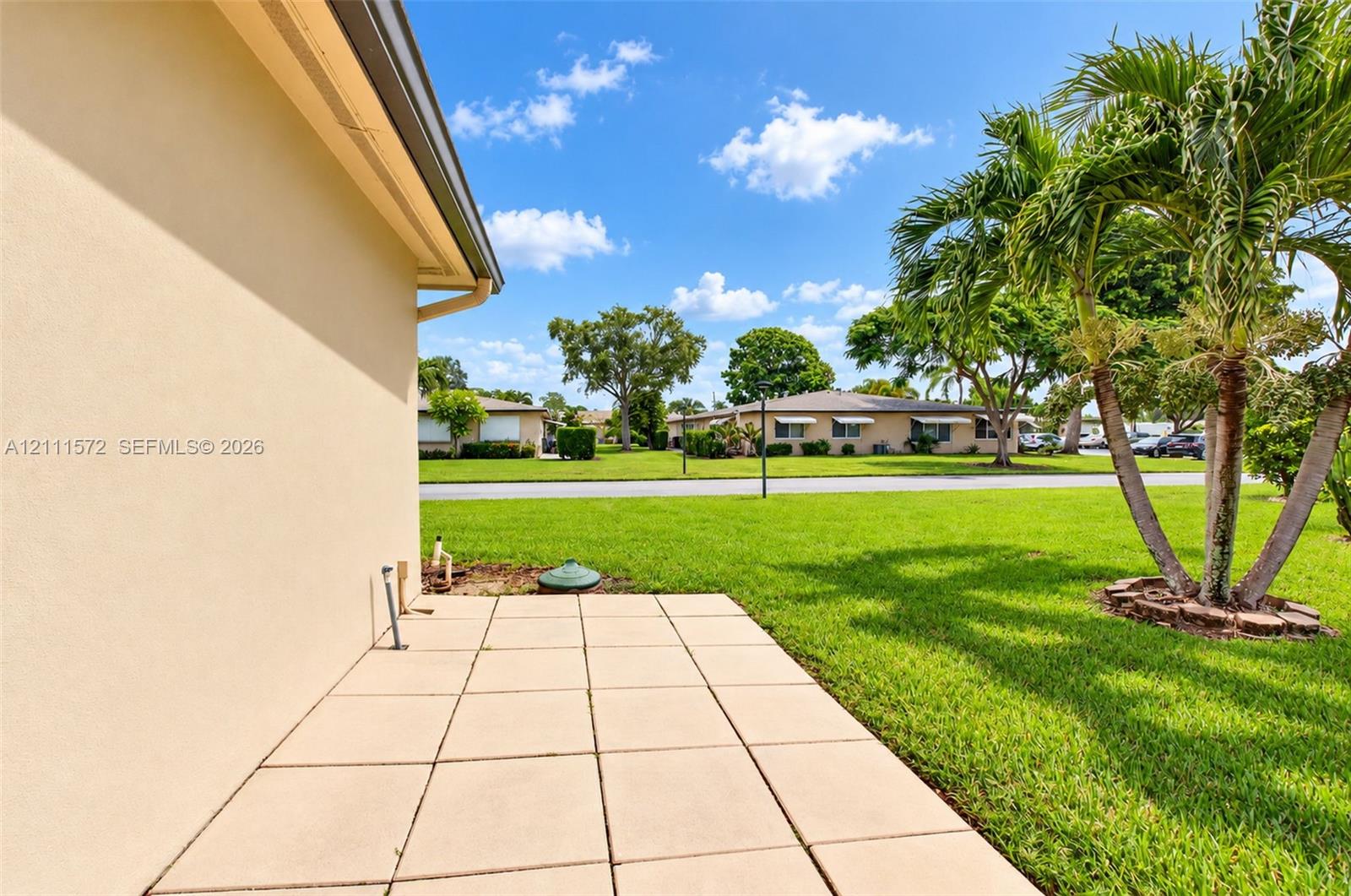 Exterior back patio space featuring a concrete paver patio, and mature palm trees set within a grass lawn