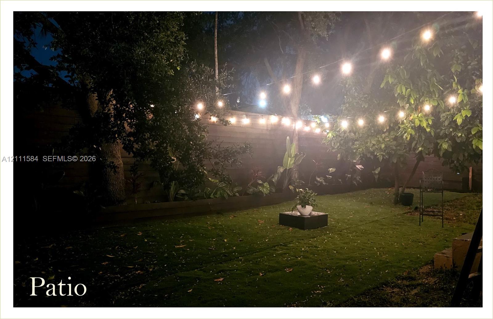 Backyard space featuring perimeter wood fencing, mature trees, and overhead string lighting