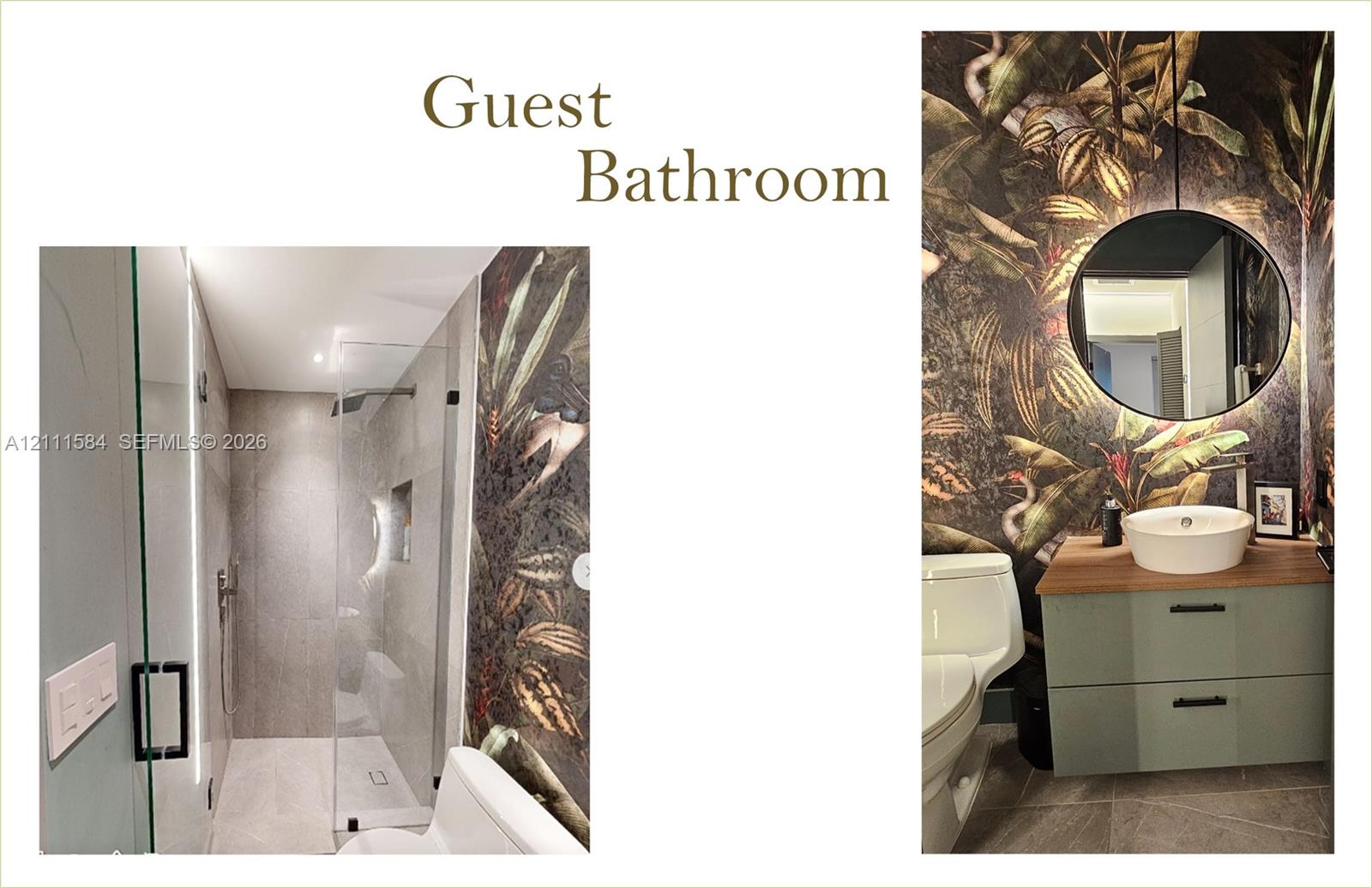 Bathroom featuring a floating vanity with a wood-finish countertop, vessel sink, and matte black hardware, paired with a walk-in shower enclosed by a glass panel, stone-finish wall tile, and patterned wall covering