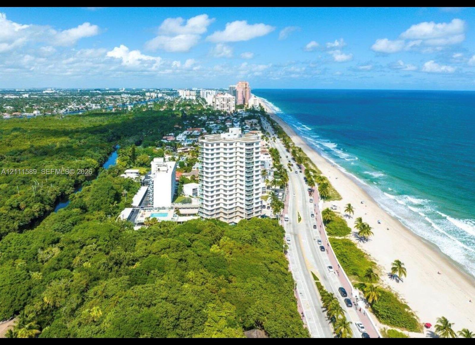 Aerial perspective of coastal residential tower featuring direct shoreline exposure, expansive oceanfront, proximity to wooded preserves, and surrounding high-density corridor Aerial perspective of coastal residential tower featuring direct shoreline exposure, expansive oceanfront, proximity to wooded preserves, and surrounding high-density corridor