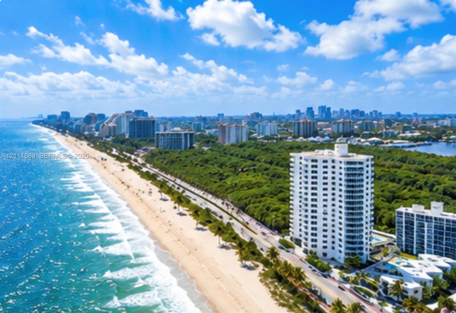 Coastal high-rise residence featuring direct proximity to the shoreline, wrap-around balconies, and an outdoor swimming pool facility